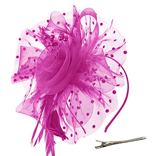 DRESHOW Fascinators Hut Blume Mesh Bänder Federn auf einem Stirnband und einem geteilten Clip Cocktail Tea Party Headwear für Mädchen und Frauen,Tiefrosa,Einheitsgröße von DRESHOW