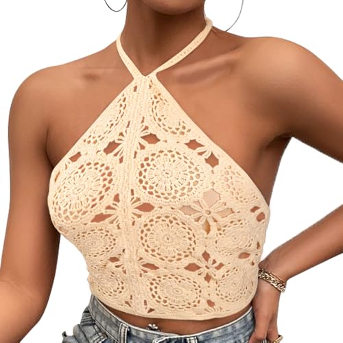 DRESHOW Frauen Sexy Halter Tank Top Strick rückenfreie Crop Tops Ausgeschnittene Mesh-Weste Sommer Boho ärmellos Handgehäkelte Bluse Strand Bikini von DRESHOW