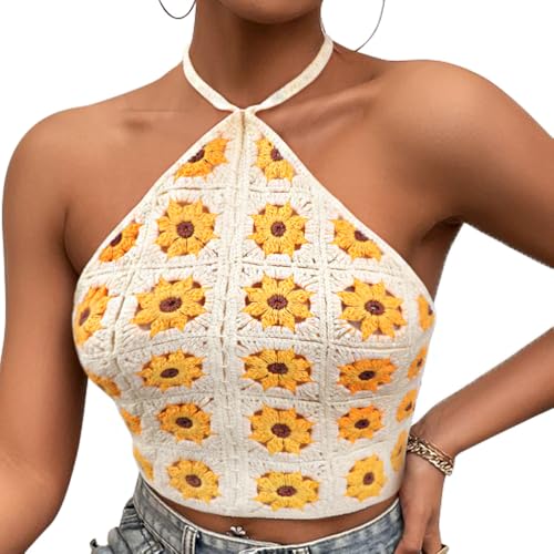DRESHOW Frauen Sexy Halter Tank Top Strick rückenfreie Crop Tops Ausgeschnittene Mesh-Weste Sommer Boho ärmellos Handgehäkelte Bluse Strand Bikini von DRESHOW