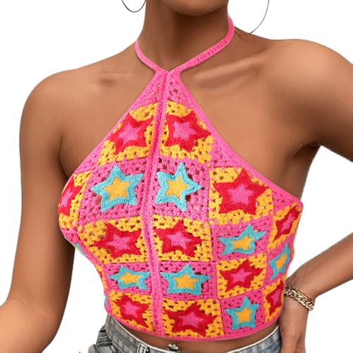 DRESHOW Frauen Sexy Halter Tank Top Strick rückenfreie Crop Tops Ausgeschnittene Mesh-Weste Sommer Boho ärmellos Handgehäkelte Bluse Strand Bikini von DRESHOW