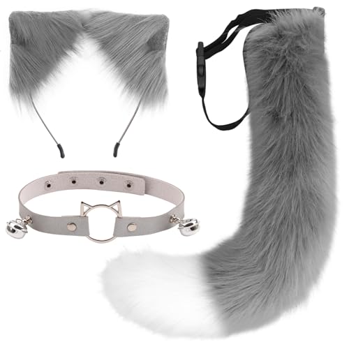 DRESHOW Fuchs Kunstpelz Schwanz Katzenohren Stirnband Halloween Party Kostüm Halsband Cosplay Set für Damen von DRESHOW