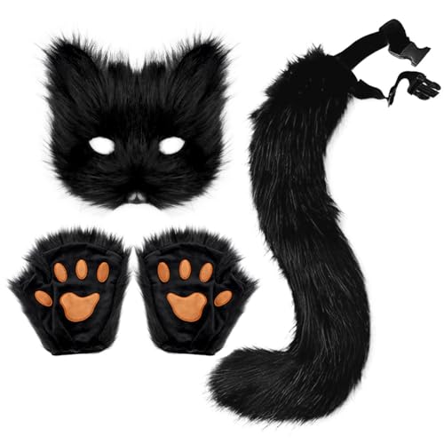 DRESHOW Fuchsschwanz Kunstpelz Flauschige Katze Wolf Plüsch Maske Halloween Party Kostüm Pfote Handschuhe Cosplay Set für Damen von DRESHOW