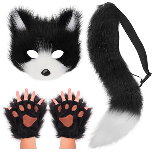 DRESHOW Fuchsschwanz Kunstpelz Flauschige Katze Wolf Plüsch Maske Halloween Party Kostüm Pfote Handschuhe Cosplay Set für Damen von DRESHOW