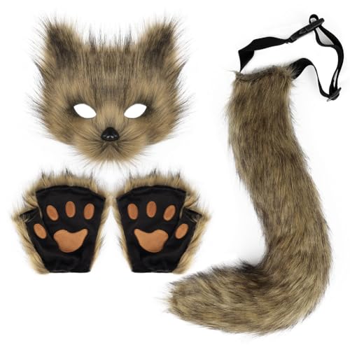 DRESHOW Fuchsschwanz Kunstpelz Flauschige Katze Wolf Plüsch Maske Halloween Party Kostüm Pfote Handschuhe Cosplay Set für Damen von DRESHOW