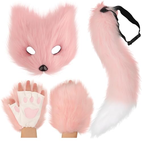 DRESHOW Fuchsschwanz Kunstpelz Flauschige Katze Wolf Plüsch Maske Halloween Party Kostüm Pfote Handschuhe Cosplay Set für Damen von DRESHOW