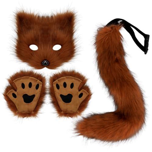 DRESHOW Fuchsschwanz Kunstpelz Flauschige Katze Wolf Plüsch Maske Halloween Party Kostüm Pfote Handschuhe Cosplay Set für Damen von DRESHOW