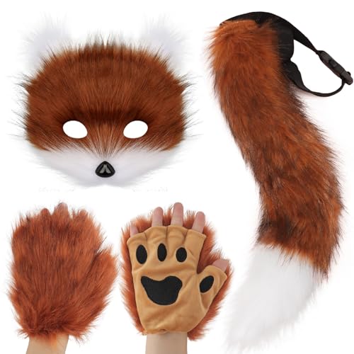 DRESHOW Fuchsschwanz Kunstpelz Flauschige Katze Wolf Plüsch Maske Halloween Party Kostüm Pfote Handschuhe Cosplay Set für Damen von DRESHOW