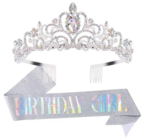 DRESHOW Geburtstag Krone und Schärpe für Damen Geburtstag Mädchen Schärpe & Strass Tiara Set Geburtstag Dekorationen Haarschmuck Glitter Schärpe für Party von DRESHOW