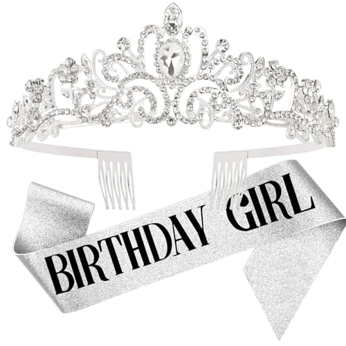 DRESHOW Geburtstag Krone und Schärpe für Damen Geburtstag Mädchen Schärpe & Strass Tiara Set Geburtstag Dekorationen Haarschmuck Glitter Schärpe für Party von DRESHOW