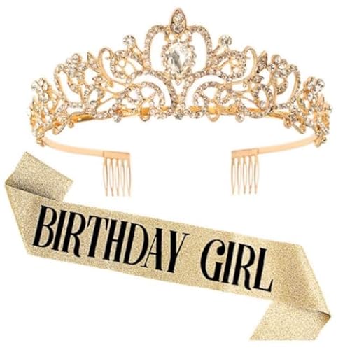 DRESHOW Geburtstag Krone und Schärpe für Damen Geburtstag Mädchen Schärpe & Strass Tiara Set Geburtstag Dekorationen Haarschmuck Glitter Schärpe für Party von DRESHOW