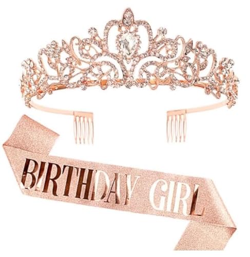 DRESHOW Geburtstag Krone und Schärpe für Damen Geburtstag Mädchen Schärpe & Strass Tiara Set Geburtstag Dekorationen Haarschmuck Glitter Schärpe für Party von DRESHOW
