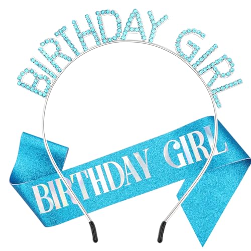 DRESHOW Geburtstag Mädchen Stirnband Geburtstag Tiara mit Schärpe Prinzessin Krone Strass Happy Birthday Zubehör für Damen Mädchen von DRESHOW