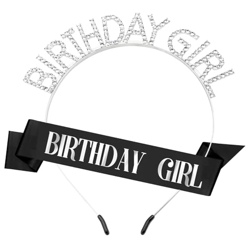DRESHOW Geburtstag Mädchen Stirnband Geburtstag Tiara mit Schärpe Prinzessin Krone Strass Happy Birthday Zubehör für Damen Mädchen von DRESHOW