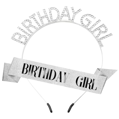 DRESHOW Geburtstag Mädchen Stirnband Geburtstag Tiara mit Schärpe Prinzessin Krone Strass Happy Birthday Zubehör für Damen Mädchen von DRESHOW