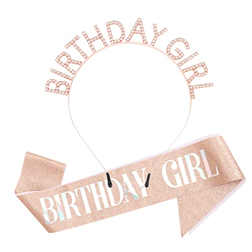 DRESHOW Geburtstag Mädchen Stirnband Geburtstag Tiara mit Schärpe Prinzessin Krone Strass Happy Birthday Zubehör für Damen Mädchen von DRESHOW