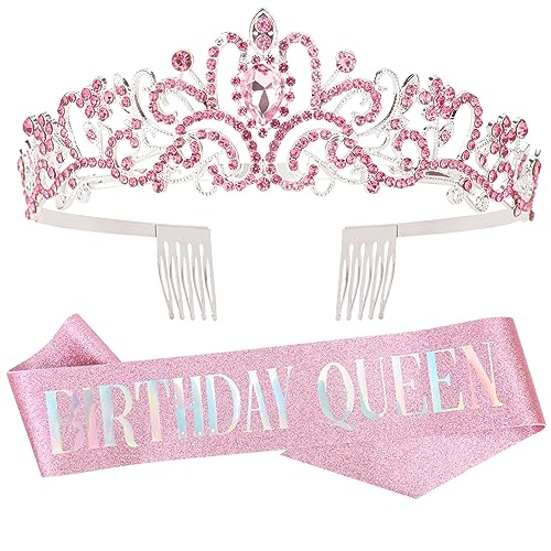 DRESHOW Geburtstagskrone und Schärpe für Damen Geburtstagskönigin Schärpe & Strass Tiara Set Geburtstag Tiaras und Schärpen für Mädchen Geburtstag Dekorationen Haarschmuck Glitter Schärpe für Party von DRESHOW