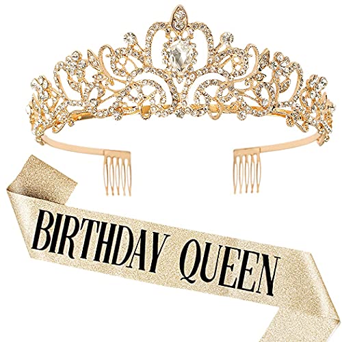 DRESHOW Geburtstagskrone und Schärpe für Damen Geburtstagskönigin Schärpe & Strass Tiara Set Geburtstag Tiaras und Schärpen für Mädchen Geburtstag Dekorationen Haarschmuck Glitter Schärpe für Party von DRESHOW