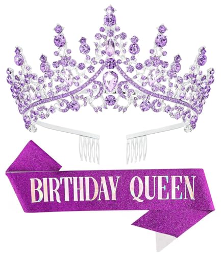 DRESHOW Geburtstagskrone und Schärpe für Damen Geburtstagskönigin Schärpe & Strass Tiara Set Geburtstag Tiaras und Schärpen für Mädchen Geburtstag Dekorationen Haarschmuck Glitter für Party von DRESHOW
