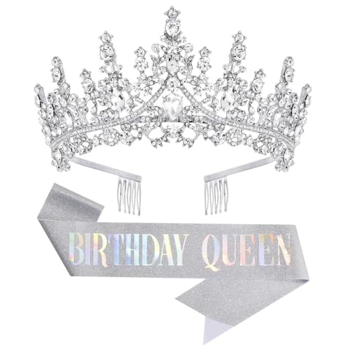 DRESHOW Geburtstagskrone und Schärpe für Damen Geburtstagskönigin Schärpe & Strass Tiara Set Geburtstag Tiaras und Schärpen für Mädchen Geburtstag Dekorationen Haarschmuck Glitter für Party von DRESHOW