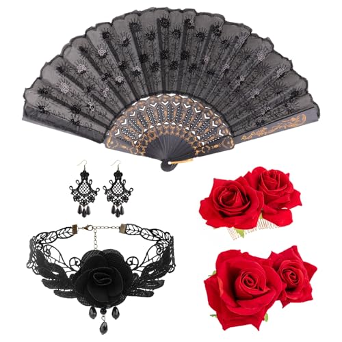 DRESHOW Haarspange mit Rosenblume Stoff ausgehöhlt Handheld Faltbar Fächer Set Haarschmuck für Damen Flamenco Tänzerin DRESHOW Haarspange mit Rosenblume Stoff ausgehöhlt Handheld Faltbar Fächer Set Haarschmuck für Damen Flamenco Tänzerin von DRESHOW