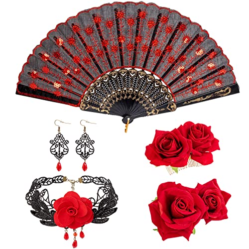 DRESHOW Haarspange mit Rosenblume Stoff ausgehöhlt Handheld Faltbar Fächer Set Haarschmuck für Damen Flamenco Tänzerin von DRESHOW