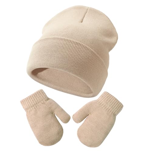 DRESHOW Kleinkind Beanie Kinder Wintermützen und Fäustlinge Set für Kinder Warme Weich Baby Strickenmütze und Handschuhe für 2 Jahre - 5 Jahre Mädchen Jungen von DRESHOW