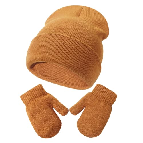 DRESHOW Kleinkind Beanie Kinder Wintermützen und Fäustlinge Set für Kinder Warme Weich Baby Strickenmütze und Handschuhe für 2 Jahre - 5 Jahre Mädchen Jungen von DRESHOW
