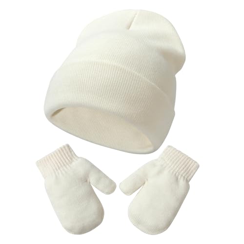 DRESHOW Kleinkind Beanie Kinder Wintermützen und Fäustlinge Set für Kinder Warme Weich Baby Strickenmütze und Handschuhe für 2 Jahre - 5 Jahre Mädchen Jungen von DRESHOW