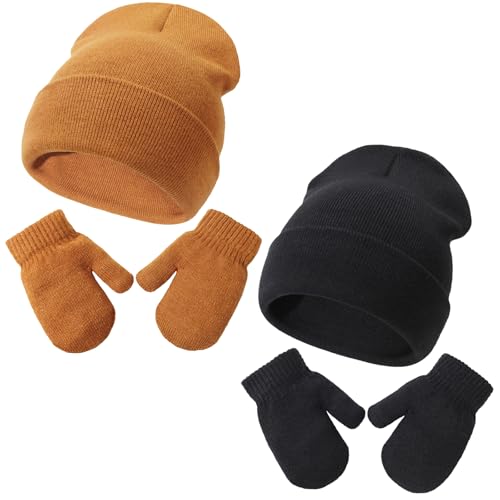 DRESHOW Kleinkind Beanie Kinder Wintermützen und Fäustlinge Set für Kinder Warme Weich Baby Strickenmütze und Handschuhe für 2 Jahre - 5 Jahre Mädchen Jungen von DRESHOW