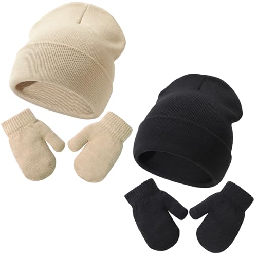 DRESHOW Kleinkind Beanie Kinder Wintermützen und Fäustlinge Set für Kinder Warme Weich Baby Strickenmütze und Handschuhe für 2 Jahre - 5 Jahre Mädchen Jungen von DRESHOW