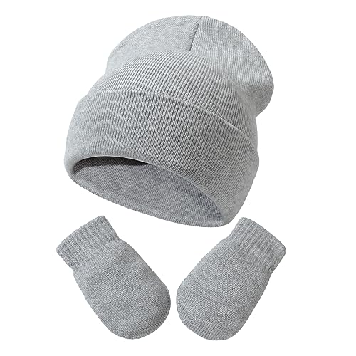 DRESHOW Kleinkind Beanie Kinder Wintermützen und Fäustlinge Set für Kinder Warme Weich Baby Strickenmütze und Handschuhe für 3 Monate - 24 Monate Mädchen Jungen von DRESHOW