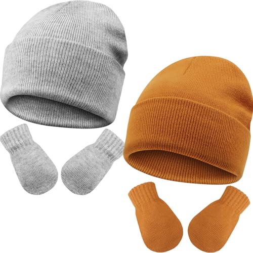 DRESHOW Kleinkind Beanie Kinder Wintermützen und Fäustlinge Set für Kinder Warme Weich Baby Strickenmütze und Handschuhe für 3 Monate - 24 Monate Mädchen Jungen von DRESHOW