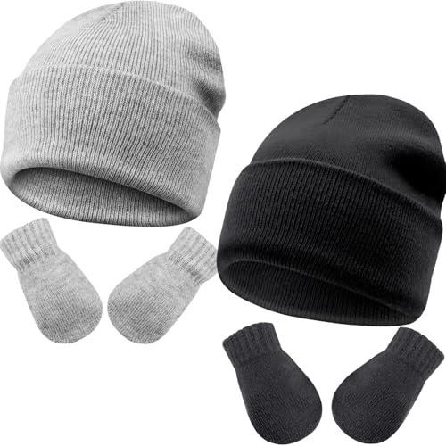 DRESHOW Kleinkind Beanie Kinder Wintermützen und Fäustlinge Set für Kinder Warme Weich Baby Strickenmütze und Handschuhe für 3 Monate - 24 Monate Mädchen Jungen von DRESHOW
