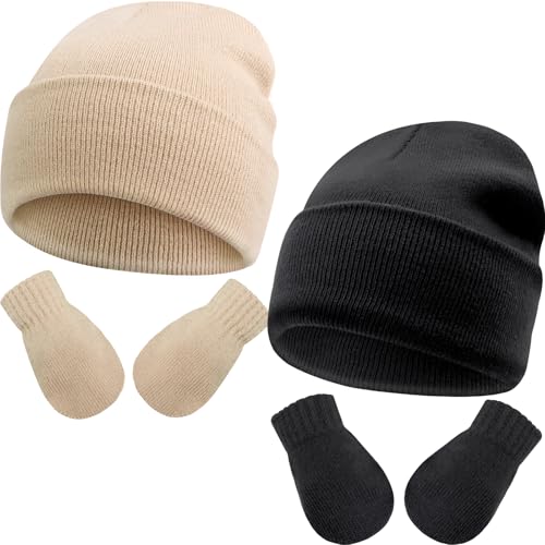 DRESHOW Kleinkind Beanie Kinder Wintermützen und Fäustlinge Set für Kinder Warme Weich Baby Strickenmütze und Handschuhe für 3 Monate - 24 Monate Mädchen Jungen von DRESHOW