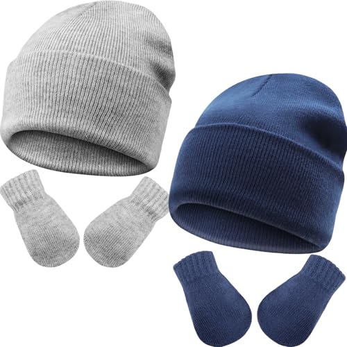DRESHOW Kleinkind Beanie Kinder Wintermützen und Fäustlinge Set für Kinder Warme Weich Baby Strickenmütze und Handschuhe für 3 Monate - 24 Monate Mädchen Jungen von DRESHOW