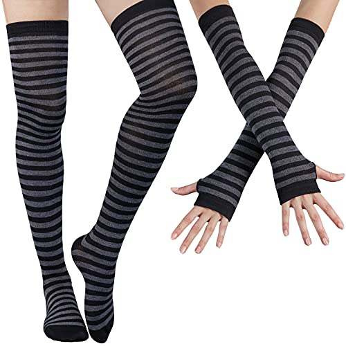 DRESHOW Kniestrümpfe Regenbogen Oberschenkel Hohe Socken Overknee Strümpfe Fingerlose Handschuhe Hülsen-Set für Damen Mädchen Party Stützen Kostüm Halloween von DRESHOW