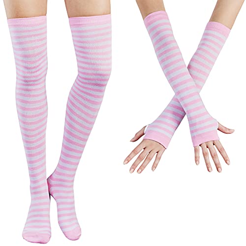 DRESHOW Kniestrümpfe Regenbogen Oberschenkel Hohe Socken Overknee Strümpfe Fingerlose Handschuhe Hülsen-Set für Damen Mädchen Party Stützen Kostüm Halloween von DRESHOW