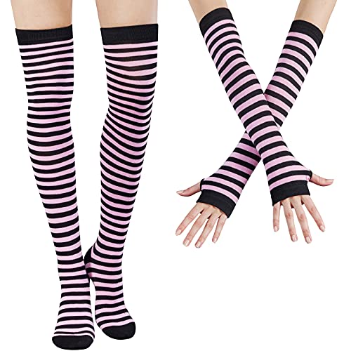 DRESHOW Kniestrümpfe Regenbogen Oberschenkel Hohe Socken Overknee Strümpfe Fingerlose Handschuhe Hülsen-Set für Damen Mädchen Party Stützen Kostüm Halloween von DRESHOW