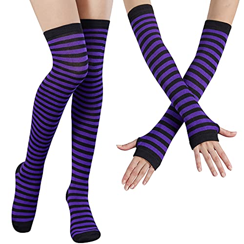 DRESHOW Kniestrümpfe Regenbogen Oberschenkel Hohe Socken Overknee Strümpfe Fingerlose Handschuhe Hülsen-Set für Damen Mädchen Party Stützen Kostüm Halloween von DRESHOW