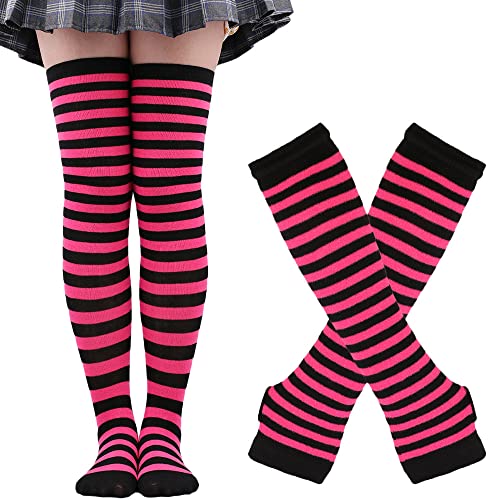 DRESHOW Kniestrümpfe Regenbogen Oberschenkel Hohe Socken Overknee Strümpfe Fingerlose Handschuhe Hülsen-Set für Damen Mädchen Party Stützen Kostüm Halloween von DRESHOW