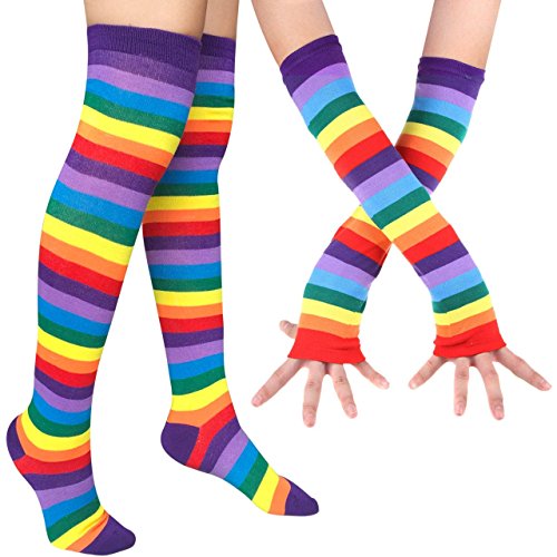 DRESHOW Kniestrümpfe Regenbogen Oberschenkel Hohe Socken Overknee Strümpfe Fingerlose Handschuhe Hülsen-Set für Damen Mädchen Party Stützen Kostüm Halloween von DRESHOW