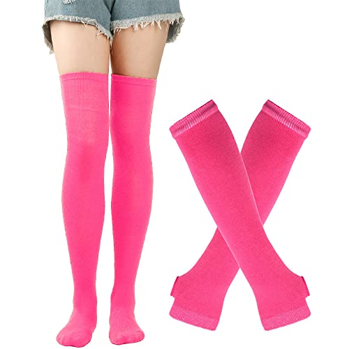 DRESHOW Kniestrümpfe Regenbogen Oberschenkel Hohe Socken Overknee Strümpfe Fingerlose Handschuhe Hülsen-Set für Damen Mädchen Party Stützen Kostüm Halloween von DRESHOW