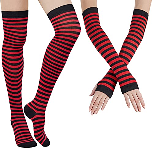 DRESHOW Kniestrümpfe Regenbogen Oberschenkel Hohe Socken Overknee Strümpfe Fingerlose Handschuhe Hülsen-Set für Damen Mädchen Party Stützen Kostüm Halloween von DRESHOW