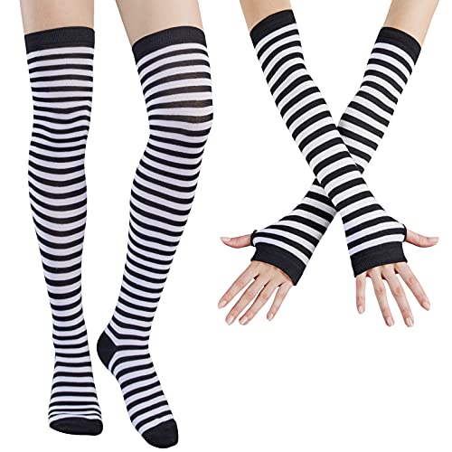 DRESHOW Kniestrümpfe Regenbogen Oberschenkel Hohe Socken Overknee Strümpfe Fingerlose Handschuhe Hülsen-Set für Damen Mädchen Party Stützen Kostüm Halloween von DRESHOW