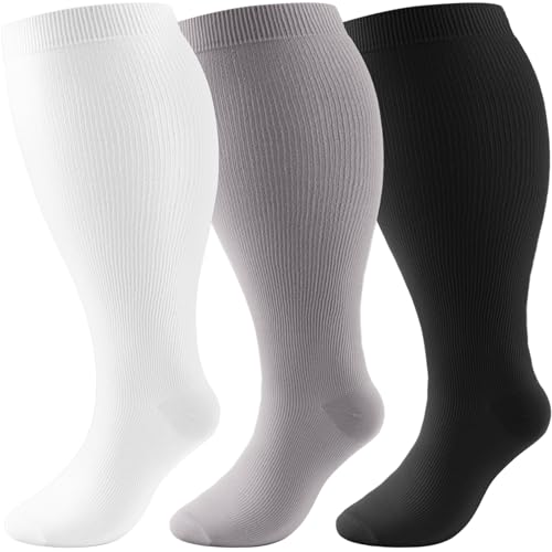 DRESHOW Kompressionsstrümpfe Plus Size für Damen Herren Breite Wadenweite Extra 20-30 mmHg Kniestrümpfe zur Unterstützung der Durchblutung von DRESHOW