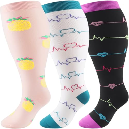DRESHOW Kompressionsstrümpfe Plus Size für Damen Herren Breite Wadenweite Extra 20-30 mmHg Kniestrümpfe zur Unterstützung der Durchblutung von DRESHOW