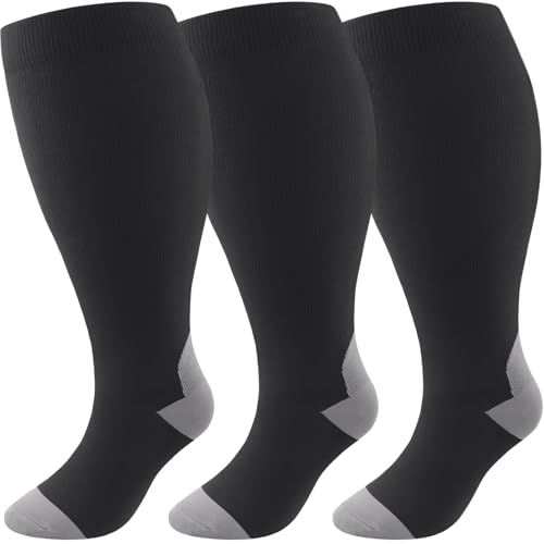 DRESHOW Kompressionsstrümpfe Plus Size für Damen Herren Breite Wadenweite Extra 20-30 mmHg Kniestrümpfe zur Unterstützung der Durchblutung von DRESHOW