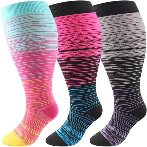 DRESHOW Kompressionsstrümpfe Plus Size für Damen Herren Breite Wadenweite Extra 20-30 mmHg Kniestrümpfe zur Unterstützung der Durchblutung von DRESHOW