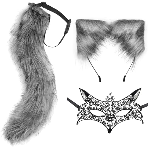 DRESHOW Kunstpelz Wolf Fuchs Schwanz Ohren Haarband und Spitze Maske Set für Damen Cosplay Kostüm Halloween Weihnachten Fancy Party Verkleidung Tierkostüm Bühnenkostüm von DRESHOW