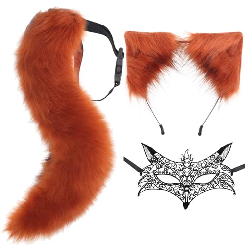 DRESHOW Kunstpelz Wolf Fuchs Schwanz Ohren Haarband und Spitze Maske Set für Damen Cosplay Kostüm Halloween Weihnachten Fancy Party Verkleidung Tierkostüm Bühnenkostüm von DRESHOW